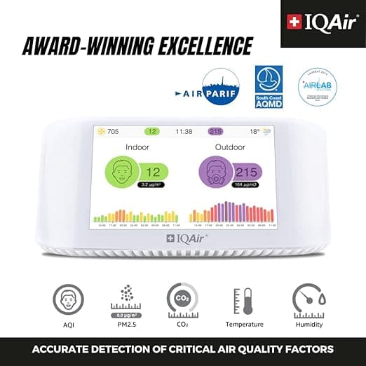 IQAir Air Quality Monitor Indoor, Swiss Design, Professional Grade, Detects PM2.5, CO2, AQI, Temperature, Humidity, Indoor Air Quality Real-Time Air Quality & Forecasting, Historic Data